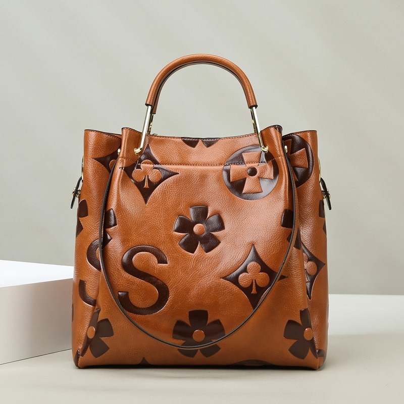 Tote Bag Leather Monogram - Women's Embossed Monogram Handbag, Large Leather